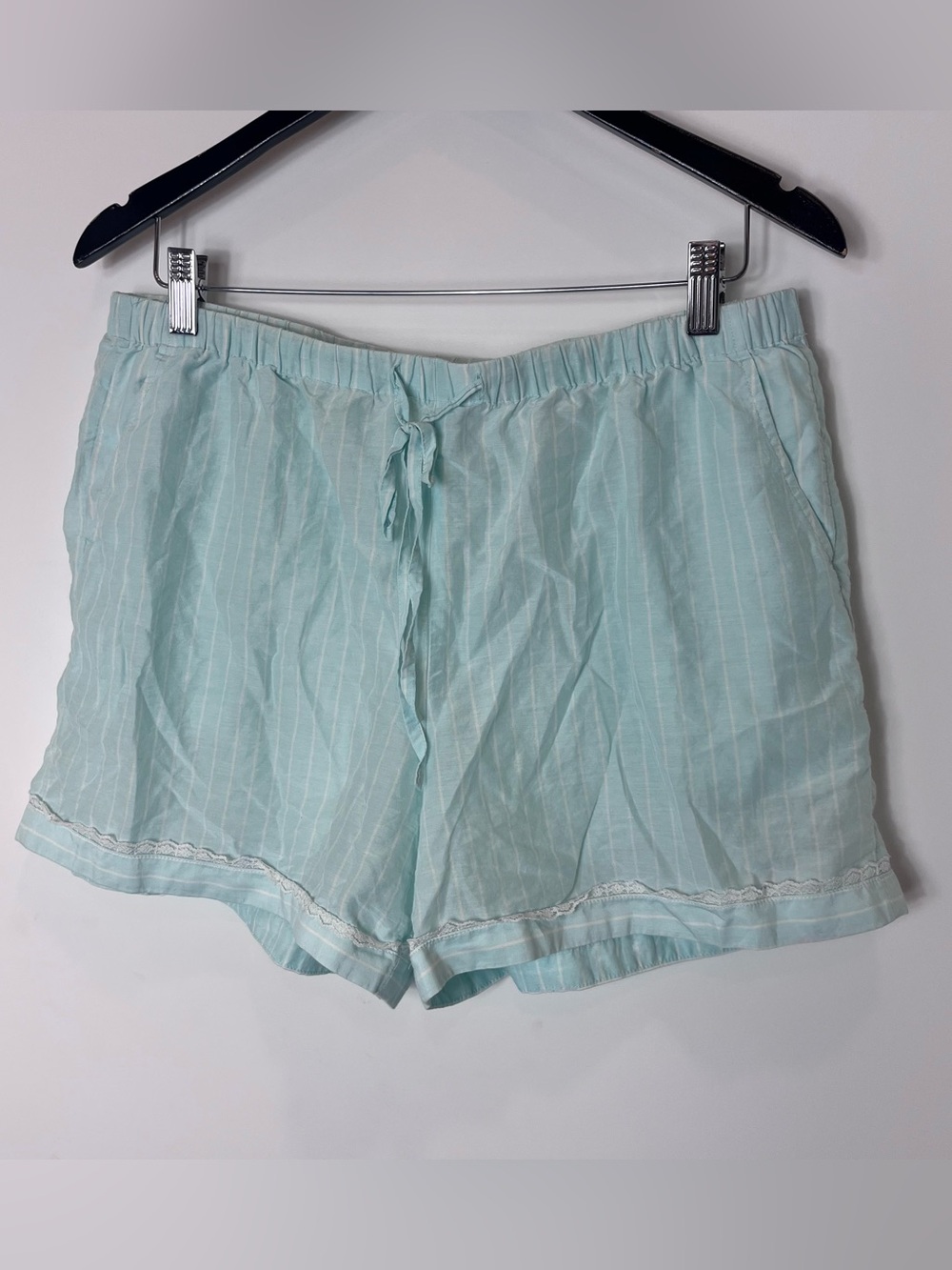 Haven Well Within Cotton Silk Light Blue Aqua Pinstripe Drawstring Shorts L lace